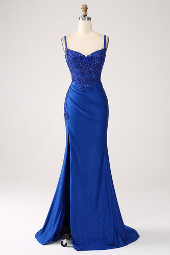 Glitter koningsblauwe zeemeermin Spaghetti bandjes lange Prom jurk met Appliques