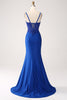 Afbeelding in Gallery-weergave laden, Glitter koningsblauwe zeemeermin Spaghetti bandjes lange Prom jurk met Appliques