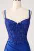 Afbeelding in Gallery-weergave laden, Glitter koningsblauwe zeemeermin Spaghetti bandjes lange Prom jurk met Appliques