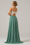 Eucalyptus Open Back Boho Chiffon lange bruidsmeisje jurk met kant