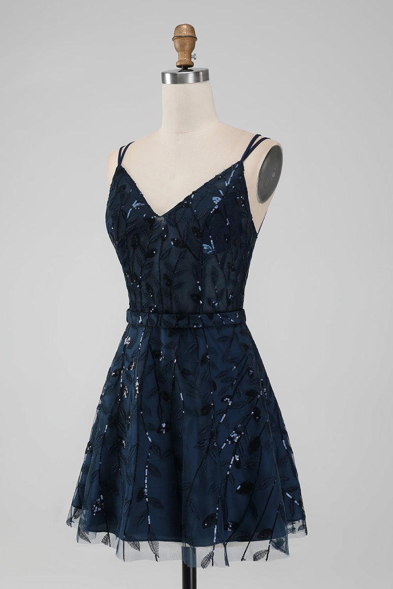 Afbeelding in Gallery-weergave laden, Navy A-lijn spaghettibandjes sprankelende pailletten korte Homecoming jurk
