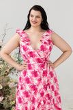 Plus Size Hoge Lage Roze Bloem Bedrukte Bruidsmeisje Jurk met Ruches