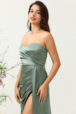 Strapless Eucalyptus Lange Bruidsmeisjesjurk met Split