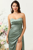 Strapless Eucalyptus Lange Bruidsmeisjesjurk met Split