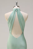 Halter Open Back Lemon Green Lange Bruidsmeisje Jurk