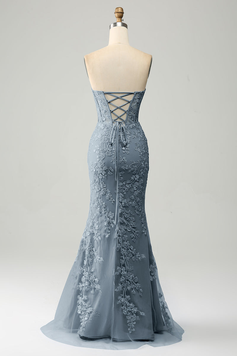 Afbeelding in Gallery-weergave laden, Lichtblauwe zeemeermin Sweetheart korset appliques Prom jurk met zijsplit