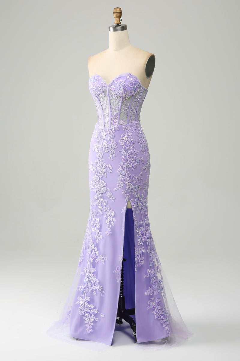 Afbeelding in Gallery-weergave laden, Lichtblauwe zeemeermin Sweetheart korset appliques Prom jurk met zijsplit