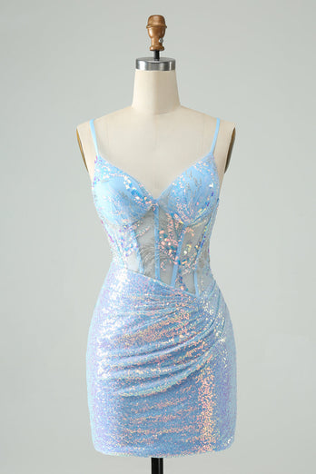 Glitter lichtblauwe strakke spaghettibandjes korte Homecoming jurk met pailletten