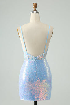 Glitter lichtblauwe strakke spaghettibandjes korte Homecoming jurk met pailletten