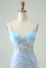 Afbeelding in Gallery-weergave laden, Glitter lichtblauwe strakke spaghettibandjes korte Homecoming jurk met pailletten
