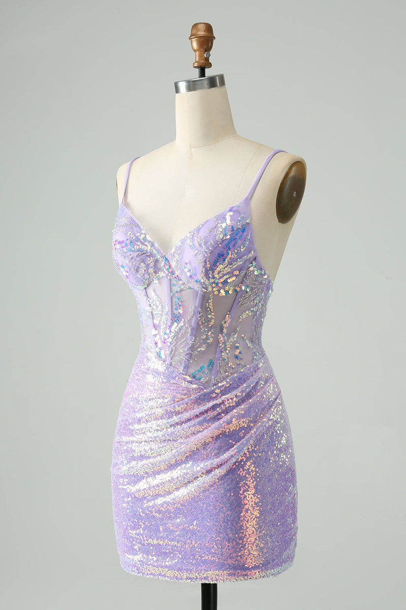Afbeelding in Gallery-weergave laden, Glitter lichtblauwe strakke spaghettibandjes korte Homecoming jurk met pailletten