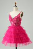 Hot Pink A Line Spaghetti Bandjes Tule Gelaagde Korte Homecoming Jurk