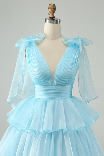 Hemelsblauwe A-lijn V-hals geplooide gelaagde korte Homecoming-jurk