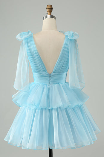 Hemelsblauwe A-lijn V-hals geplooide gelaagde korte Homecoming-jurk