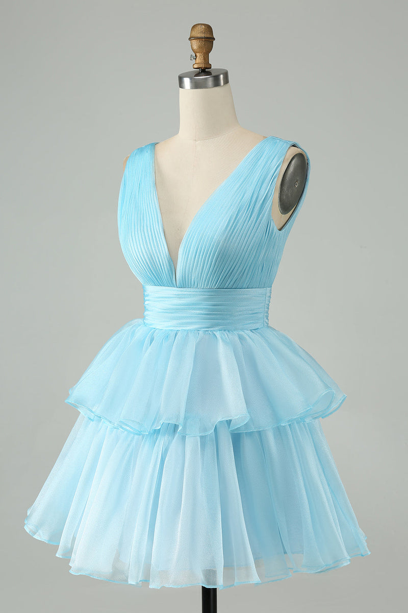 Afbeelding in Gallery-weergave laden, Hemelsblauwe A-lijn V-hals geplooide gelaagde korte Homecoming-jurk
