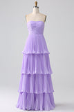 Strapless A-lijn lila geplooide chiffon plusmaat lange bruidsmeisjesjurk met ruches