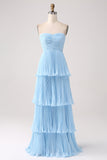 Strapless A-lijn lila geplooide chiffon plusmaat lange bruidsmeisjesjurk met ruches