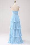 Strapless A-lijn lila geplooide chiffon plusmaat lange bruidsmeisjesjurk met ruches