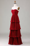 Strapless A-lijn lila geplooide chiffon plusmaat lange bruidsmeisjesjurk met ruches