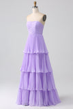 Strapless A-lijn lila geplooide chiffon plusmaat lange bruidsmeisjesjurk met ruches