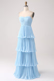 Strapless A-lijn lila geplooide chiffon plusmaat lange bruidsmeisjesjurk met ruches