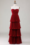 Strapless A-lijn lila geplooide chiffon plusmaat lange bruidsmeisjesjurk met ruches