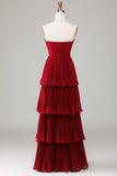 Strapless A-lijn lila geplooide chiffon plusmaat lange bruidsmeisjesjurk met ruches