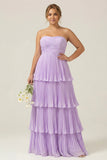 Strapless A-lijn lila geplooide chiffon plusmaat lange bruidsmeisjesjurk met ruches