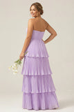 Strapless A-lijn lila geplooide chiffon plusmaat lange bruidsmeisjesjurk met ruches