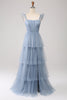 Afbeelding in Gallery-weergave laden, Stoffige blauwe A lijn gelaagde tule korset bruidsmeisje jurk met split