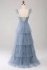Afbeelding in Gallery-weergave laden, Stoffige blauwe A lijn gelaagde tule korset bruidsmeisje jurk met split