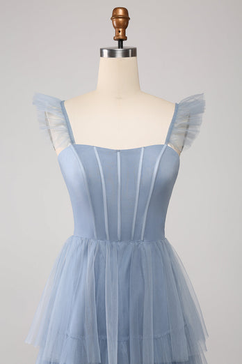 Stoffige blauwe A lijn gelaagde tule korset bruidsmeisje jurk met split