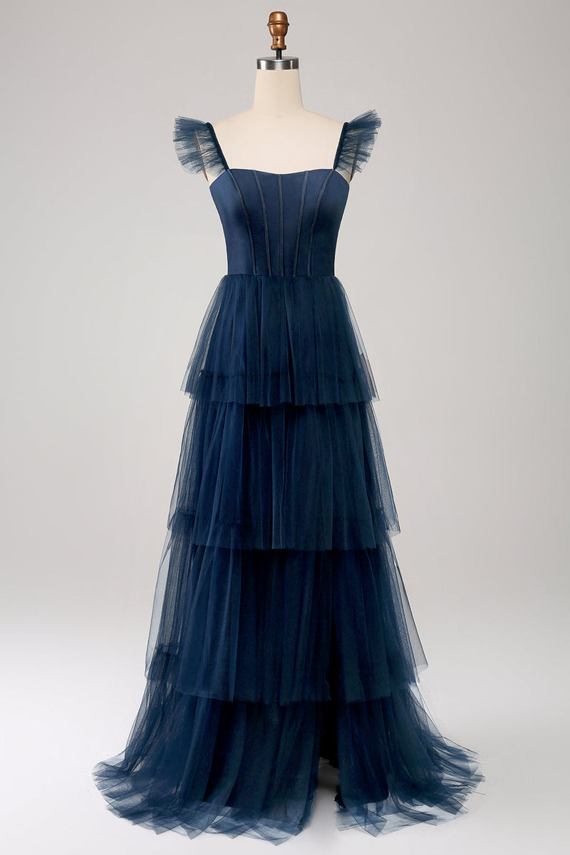 Afbeelding in Gallery-weergave laden, Navy Tulle Navy A Line gelaagd korset bruidsmeisje jurk met split