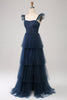 Afbeelding in Gallery-weergave laden, Navy Tulle Navy A Line gelaagd korset bruidsmeisje jurk met split