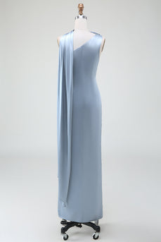 Blauwe schede een schouder satijnen lange bruidsmeisje jurk