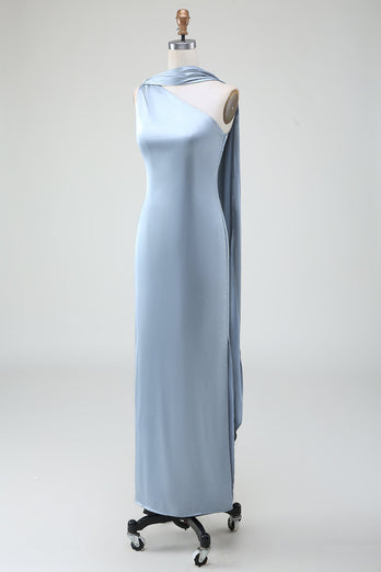 Blauwe schede een schouder satijnen lange bruidsmeisje jurk