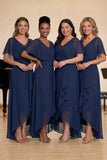 Marineblauwe A-lijn V-hals lange chiffon koor jurk met kralen