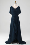 Navy A-lijn V-hals plus maat chiffon Mother of the Bride jurk met ruches