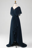 Navy A-lijn V-hals plus maat chiffon Mother of the Bride jurk met ruches