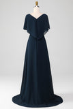 Navy A-lijn V-hals plus maat chiffon Mother of the Bride jurk met ruches