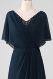 Marineblauwe A-lijn V-hals lange chiffon koor jurk met kralen