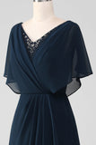 Marineblauwe A-lijn V-hals lange chiffon koor jurk met kralen