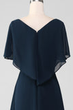 Marineblauwe A-lijn V-hals lange chiffon koor jurk met kralen
