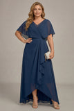 Navy A-lijn V-hals plus maat chiffon Mother of the Bride jurk met ruches
