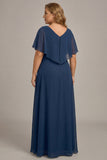 Navy A-lijn V-hals plus maat chiffon Mother of the Bride jurk met ruches
