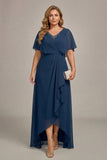 Navy A-lijn V-hals plus maat chiffon Mother of the Bride jurk met ruches