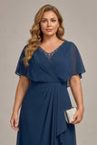 Navy A-lijn V-hals plus maat chiffon Mother of the Bride jurk met ruches