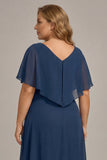 Navy A-lijn V-hals plus maat chiffon Mother of the Bride jurk met ruches