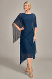 Marineblauwe Chiffon A-lijn boothals midi koorjurk