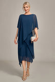 Marineblauwe Chiffon A-lijn boothals midi koorjurk